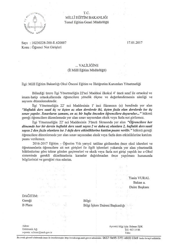 4 Sinif Ogrenci Not Girisleriyle Ilgili Bakanlik Yazisi