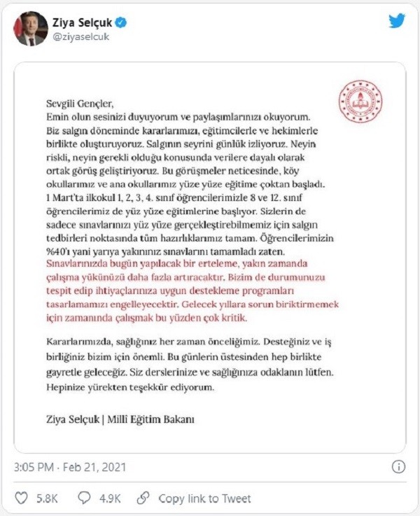 Bakan Ziya Selcuk Tan Sinav Aciklamasi